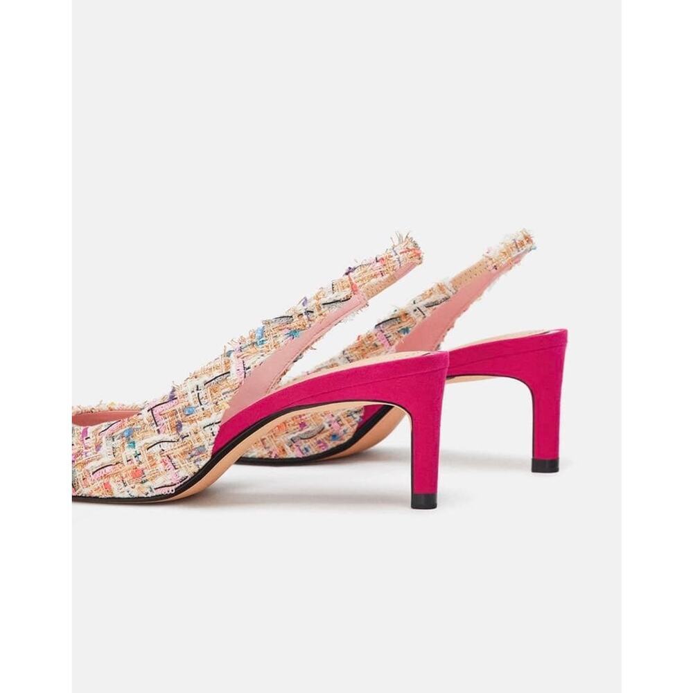 Zara Tweed Pointed Toe Slingback Heels Size 37 - Picture 2 of 10